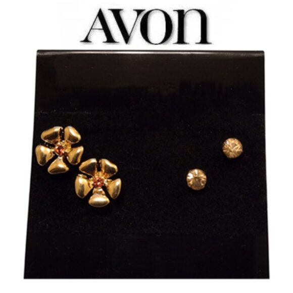 Avon Flower Crystal Sets Pierced Post Earrings Vintage 2 Pairs Gold Small Studs - Picture 5 of 5
